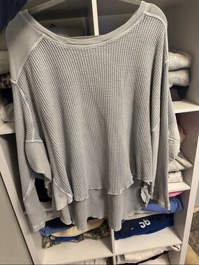 Free People Light Gray Waffle Knit Long Sleeve Top
